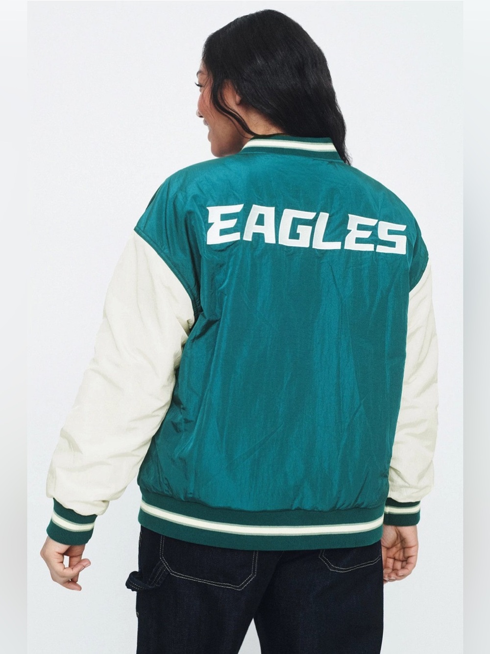 New! Terez  EAGLES Bomber Varsity Jacket 🦅🏈 Large Eagles Midnight Green + Sugar - Picture 10 of 12
